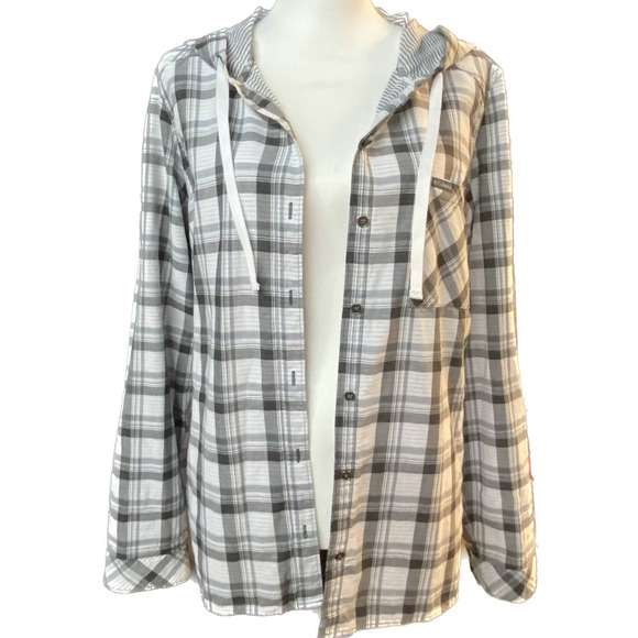 Columbia Tops - Columbia Shirt Button Up with Hood, Women's Size XL Gray White Plaid 100% Cotton
